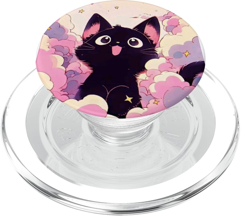 Suport PopSockets PopGrip pentru MagSafe cu pisică Kawaii neagră, nori retro roz pastel – Suport de telefon cu pisică neagră Kawaii, nori boemi mov și roz pastel