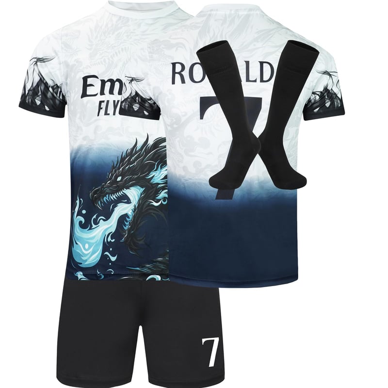 Set echipament fotbal pentru copii BlackAzat No #7 Dragon Ediție Limitată Specială (tricou, șort, șosete) – Alb, mărimea 30