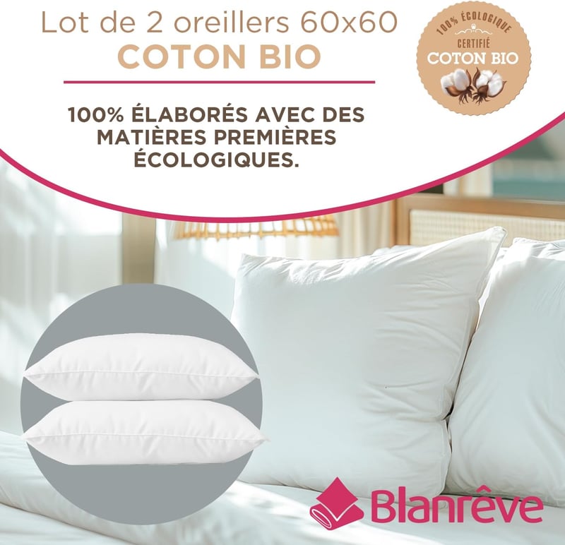 Blanrêve 2 darab bio pamut párna 60x60 cm, szilárd kényelemmel