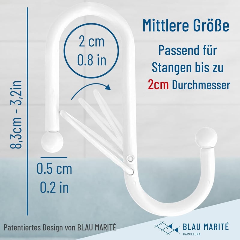 Blau Marité S-alakú kampók esésgátlóval, Royal modell, fehér, közepes 8,3 cm, 10 db, 2 cm-nél kisebb sínekhez