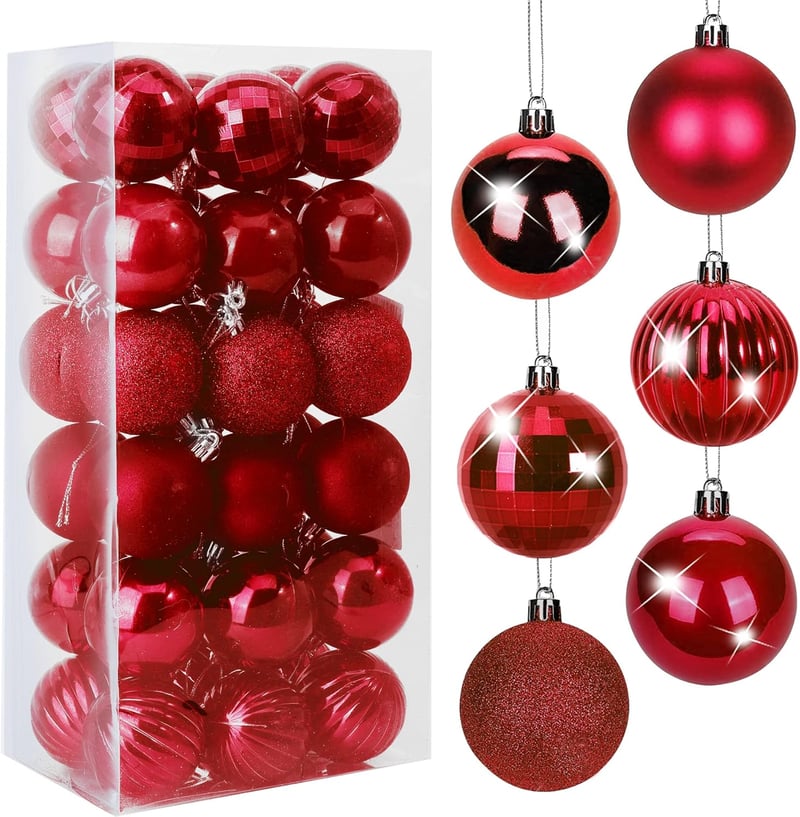 BLAZOR Karácsonyfadísz Szett 34 db - Törhetetlen Műanyag Gömbök, Matt, Csillámló, Mintás Díszek Piros Színben, 6 cm Átmérőjű Karácsonyfa Dek