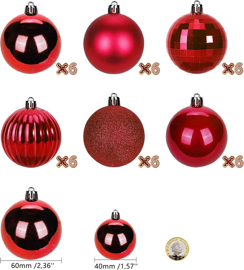 BLAZOR Karácsonyfadísz Szett 34 db - Törhetetlen Műanyag Gömbök, Matt, Csillámló, Mintás Díszek Piros Színben, 6 cm Átmérőjű Karácsonyfa Dek