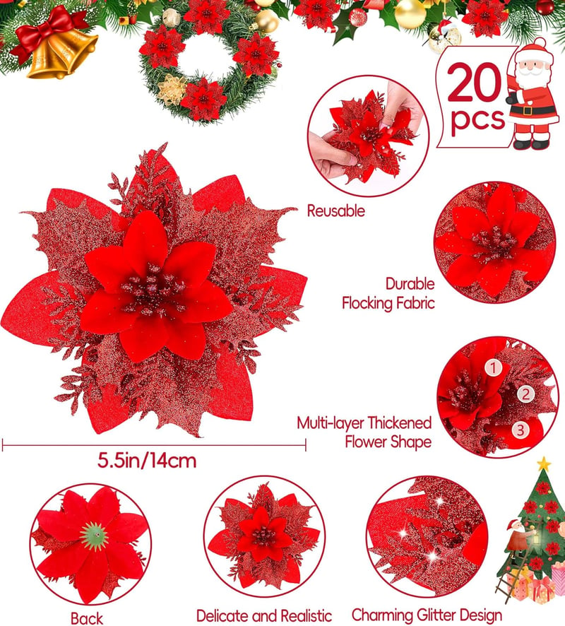BLAZOR Karácsonyi Csillag Művirág Szett - 20 db Csillámporral Díszített Művirág Karácsonyfa Dekoráció, 14 cm, Újévi Díszek, Piros