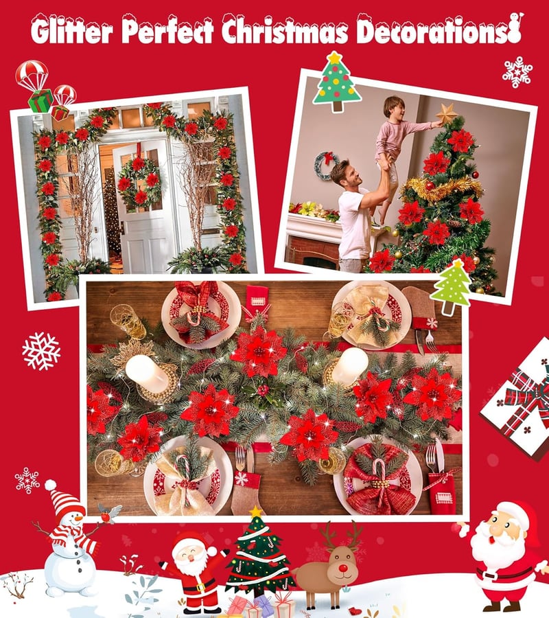 BLAZOR Karácsonyi Csillag Művirág Szett - 20 db Csillámporral Díszített Művirág Karácsonyfa Dekoráció, 14 cm, Újévi Díszek, Piros