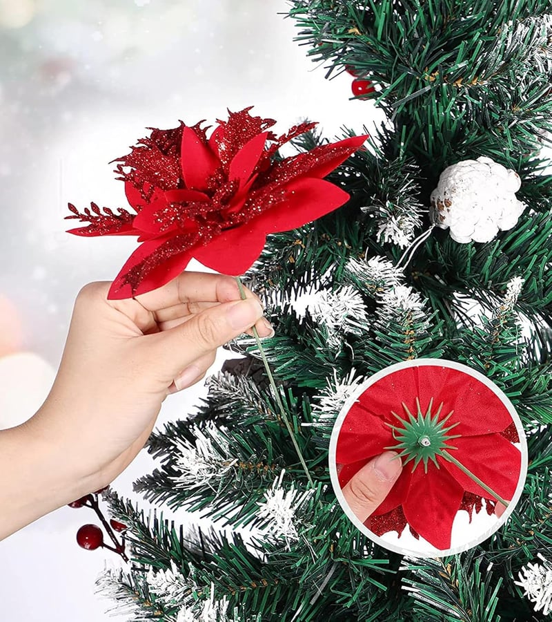 BLAZOR Karácsonyi Csillag Művirág Szett - 20 db Csillámporral Díszített Művirág Karácsonyfa Dekoráció, 14 cm, Újévi Díszek, Piros
