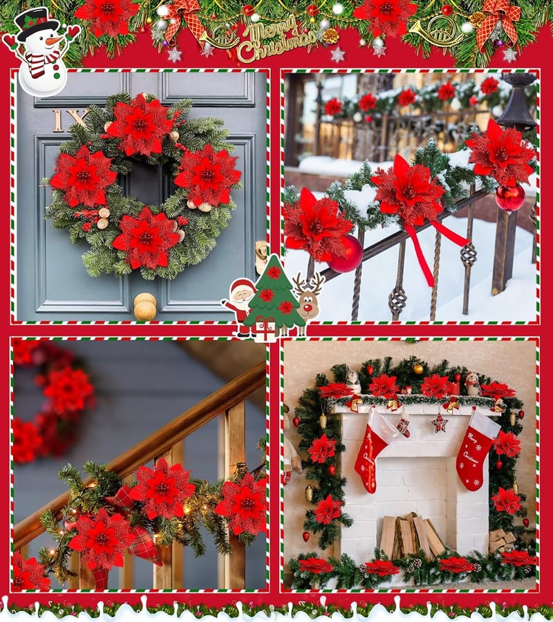 BLAZOR Karácsonyi Csillag Művirág Szett - 20 db Csillámporral Díszített Művirág Karácsonyfa Dekoráció, 14 cm, Újévi Díszek, Piros