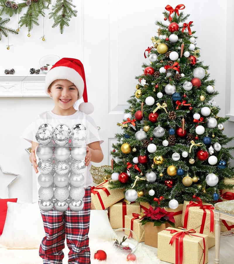 BLAZOR Karácsonyi Gömbdísz Szett 34 db - Törhetetlen Műanyag Karácsonyfadíszek Matt, Csillámló Kivitelben - Ezüst Színű Karácsonyfa Dekoráci