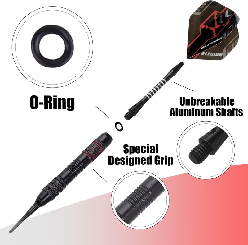 BLESION elektronikus darts készlet 12 db 18 g műanyag heggyel, 12 flighttal, 20 gumigyűrűvel, 50 darttippel