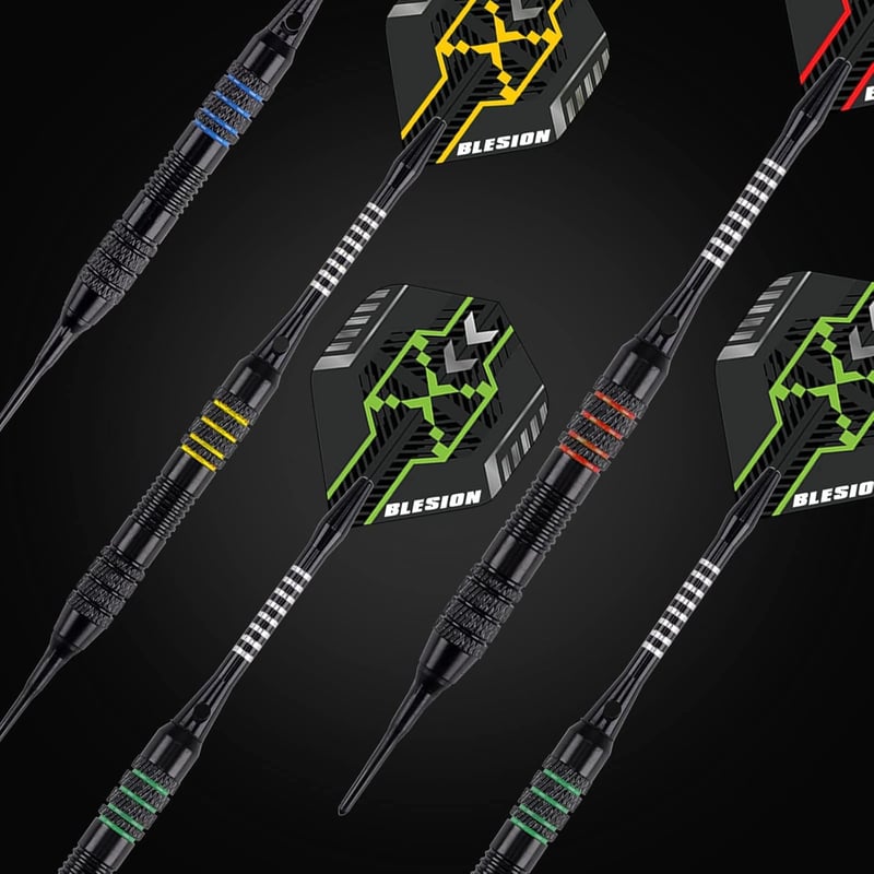BLESION elektronikus darts készlet 12 db 18 g műanyag heggyel, 12 flighttal, 20 gumigyűrűvel, 50 darttippel