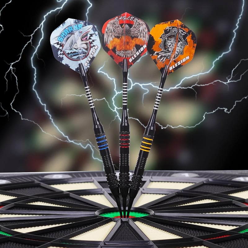 BLESION elektronikus darts készlet 12 db 18 g műanyag heggyel, 12 flighttal, 20 gumigyűrűvel, 50 darttippel