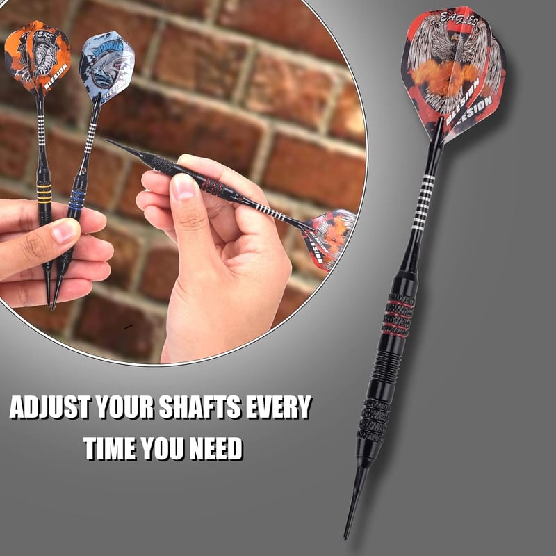 BLESION elektronikus darts készlet 12 db 18 g műanyag heggyel, 12 flighttal, 20 gumigyűrűvel, 50 darttippel