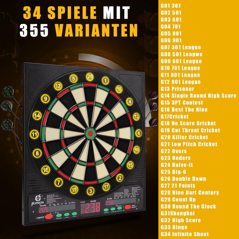 BLESION Elektronikus Darts Tábla 6 Nyíllal, Német Hanggal, Elemmel/Adapterrel Működő
