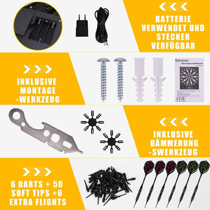 BLESION Elektronikus Darts Tábla 6 Nyíllal, Német Hanggal, Elemmel/Adapterrel Működő