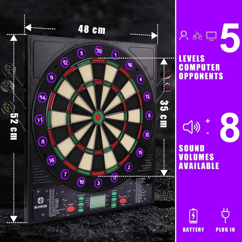BLESION Elektronikus Darts Tábla 6 Nyíllal, Német Hanggal, Elemmel/Adapterrel