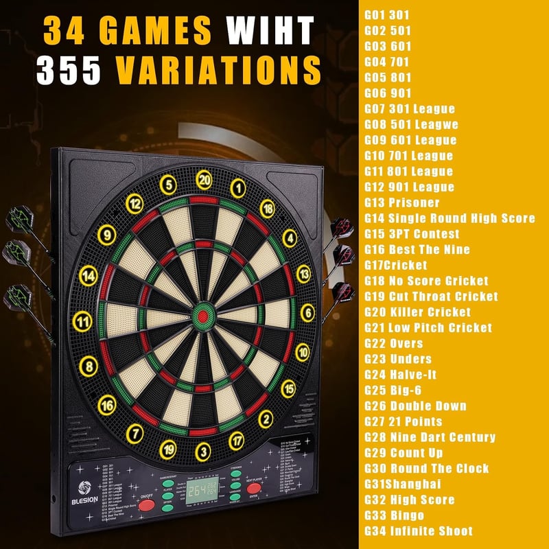 BLESION Elektronikus Darts Tábla 6 Nyíllal, Német Hanggal, Elemmel/Adapterrel