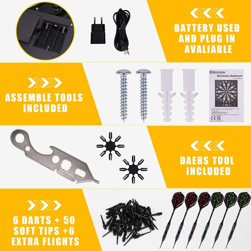 BLESION Elektronikus Darts Tábla 6 Nyíllal, Német Hanggal, Elemmel/Adapterrel