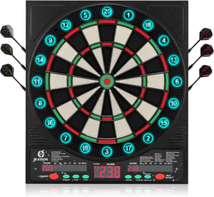BLESION Darts electronică cu 6 săgeți, voce în germană, funcționează cu baterii/adaptor