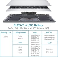 BLESYS A1965 Csereakkumulátor MacBook Air 13" Retina A1932 (2018-2019) és A2179 (2020) Modellekhez - 11,4V 49,9Wh Lítium-Polimer Laptop Akku 3