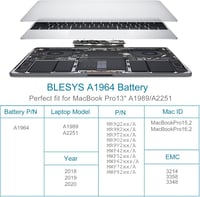 BLESYS A1989 csere laptopakkumulátor A1964 MacBook Pro 13 2018 2019 EMC 3214 EMC 3358 11,41V 5086mAh 2