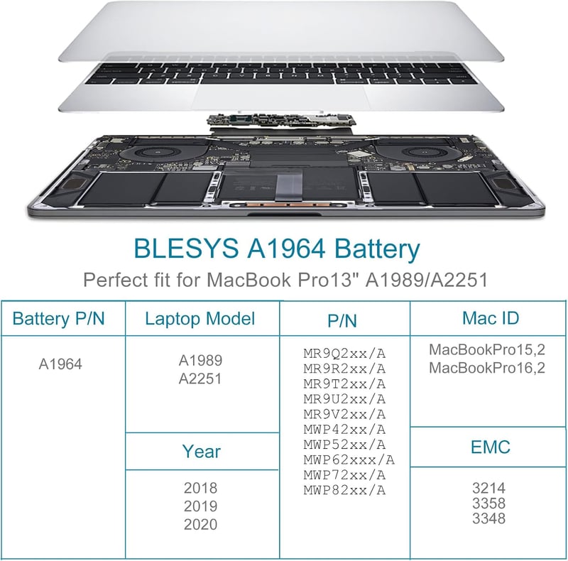 BLESYS A1989 csere laptopakkumulátor A1964 MacBook Pro 13 2018 2019 EMC 3214 EMC 3358 11,41V 5086mAh