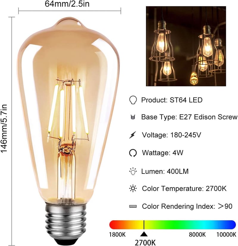 Blewandy E27 Vintage Edison LED izzó 6W meleg fehér 2700K retro 3db
