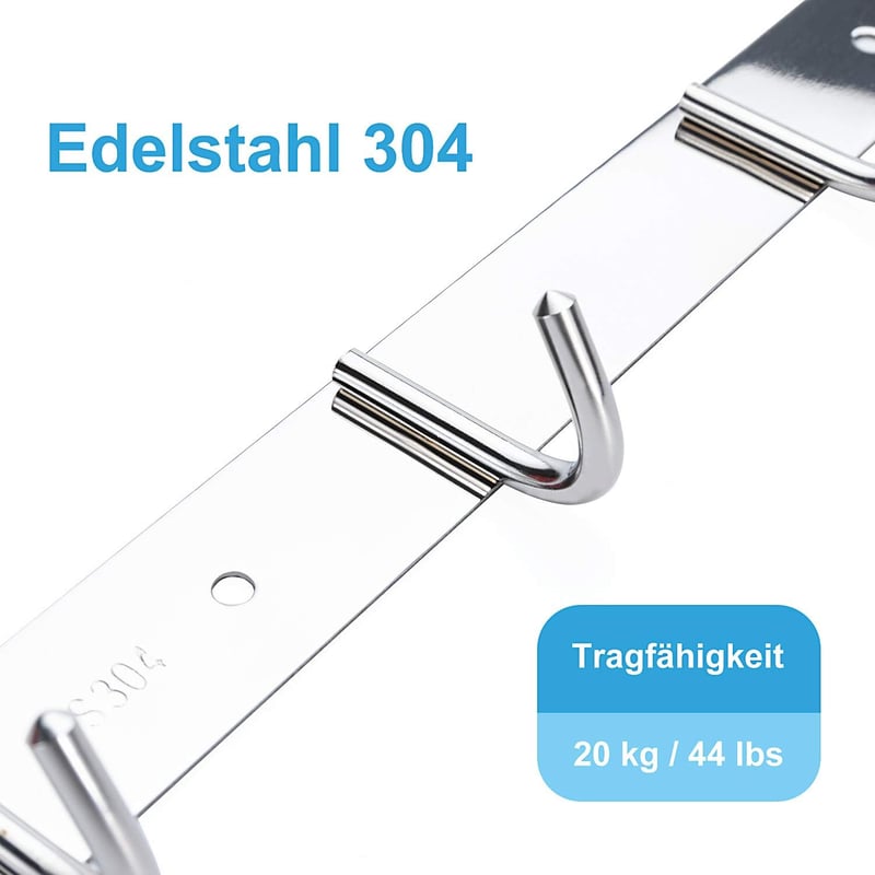 Bligo Öntapadós rozsdamentes konyhai fali akasztósín 4 horoggal, törölközőtartó ezüst, fúrásmentes 3 m ragasztószalaggal