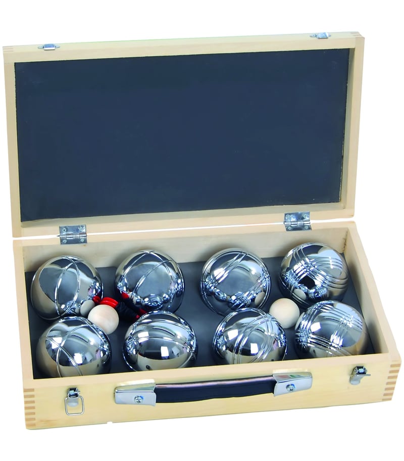 Sada na petanque Blinky v drevenej kazete, 8 gúľ (2x4), 720 g, béžová