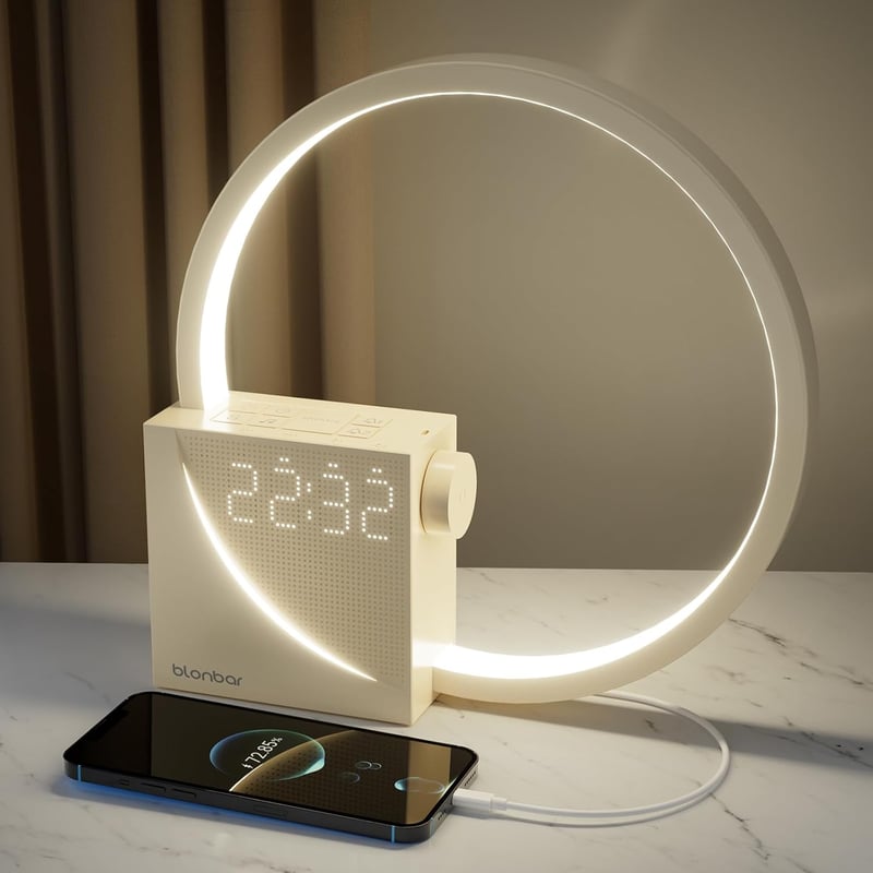 blonbar Ébresztőfényes Éjjeli Lámpa, 3 Fényerőszint, Érintésvezérelt, 2 Ébresztő, 10 Megnyugtató Hang, 10W USB Töltő, Minimál Dizájn
