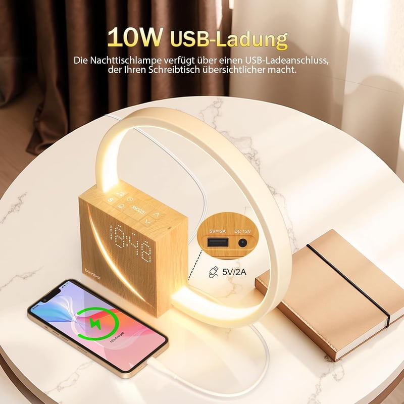 blonbar Ébresztőórás Éjjeli Lámpa USB Töltővel - 10W Fényerőszabályozható Asztali Lámpa, Érintésvezérelt Alvássegítő, 3 Fényerőszint, Termés