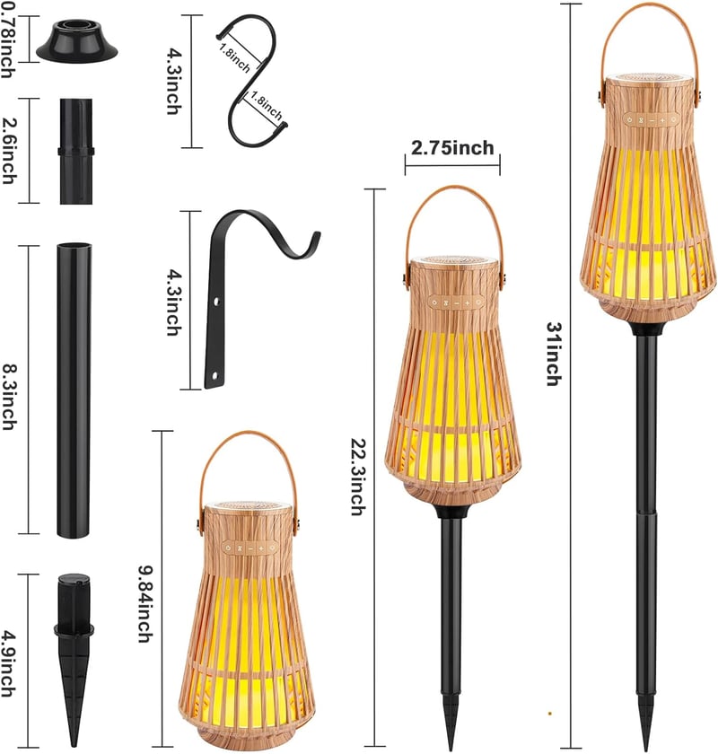 blonbar Kültéri Bluetooth Hangszóró Lángfény Effekttel - IP65 Vízálló LED Lámpa, 24 Órás Üzemidő, TWS Sztereó Hangzás, Kerti Fáklya (2 db)