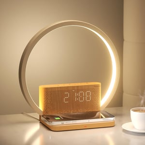 Lampă de masă blonbar cu alarmă de răsărit, funcție de încărcare, luminozitate tactilă pe 3 niveluri și 10 sunete naturale pentru dormitor