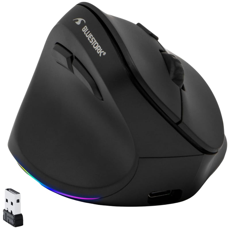 Ergonomická vertikálna bezdrôtová myš Bluestork pre ľavákov, 800-2400 DPI, 6 tlačidiel, RGB