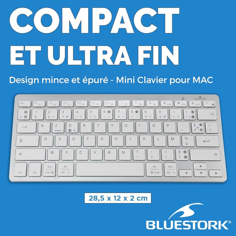 Bluestork Wireless Bluetooth Billentyűzet PC Mac AZERTY Fehér Kompakt Vékony