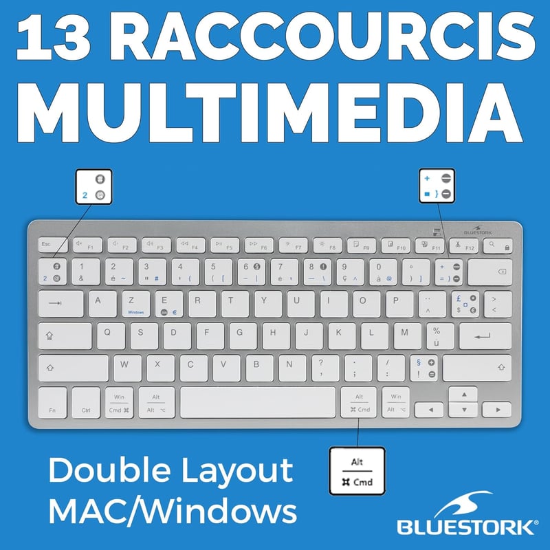 Bluestork Wireless Bluetooth Billentyűzet PC Mac AZERTY Fehér Kompakt Vékony