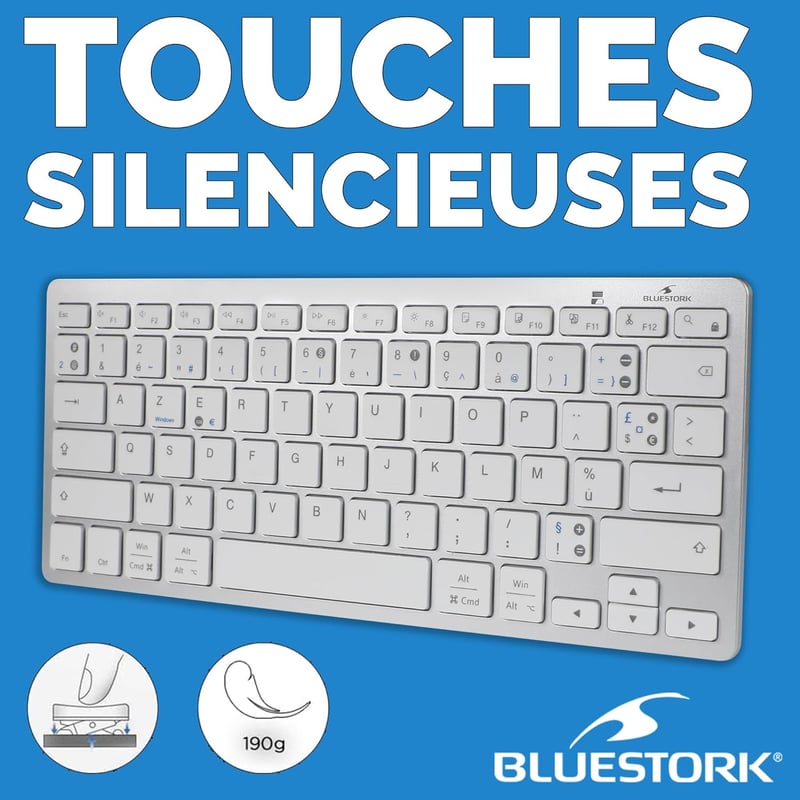 Bluestork Wireless Bluetooth Billentyűzet PC Mac AZERTY Fehér Kompakt Vékony