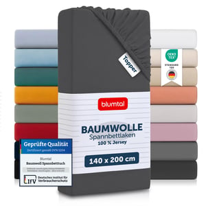 Cearșaf cu elastic pentru topper Blumtal Basics Jersey, 140x200 cm, pentru înălțime de până la 15 cm, 100% bumbac, certificat Oeko-TEX, antracit