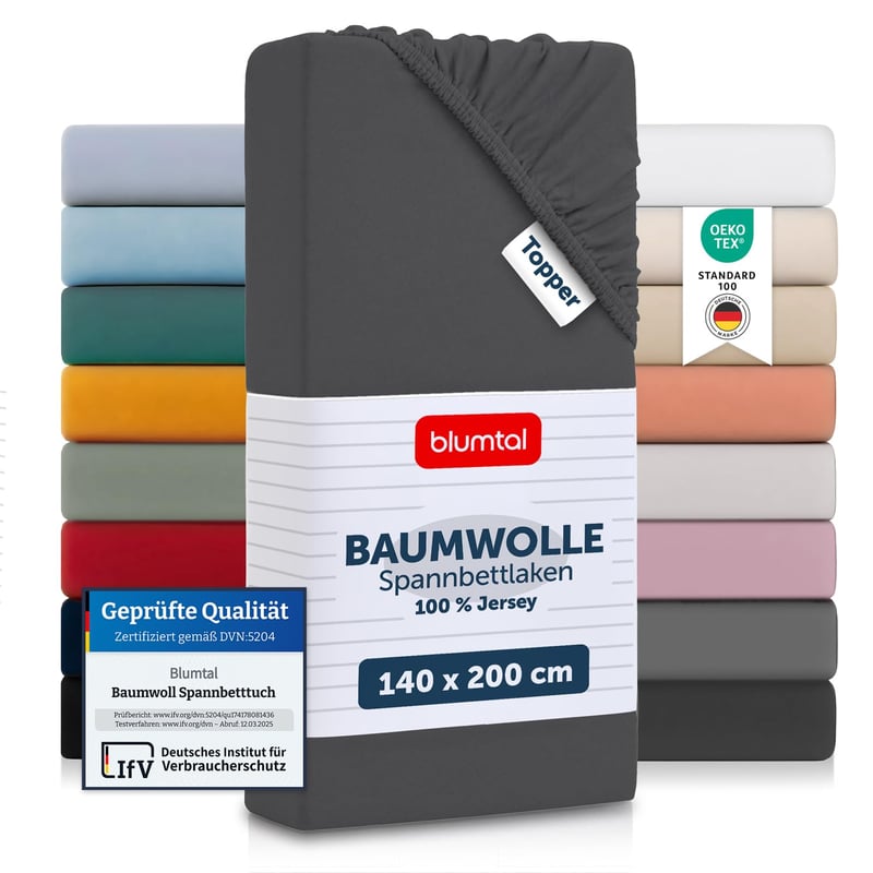 Napínacie jersey prestieradlo na vrchný matrac (topper) Blumtal Basics, 140x200 cm, do výšky 15 cm, 100% bavlna, s certifikátom Oeko-TEX, antracitové