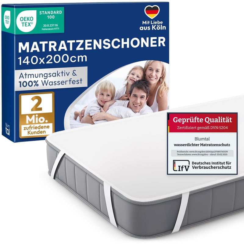 Nepremokavý chránič matraca Blumtal 140x200 cm, priedušný, 80 % bavlna, prateľný na 95 °C, certifikát OEKO-TEX, chránič matraca odolný proti krčeniu