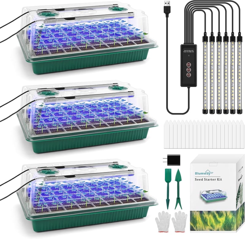 BlumWay palántanevelő tálca szett LED nevelőlámpával, páradómával, 120 cellás - 3 db