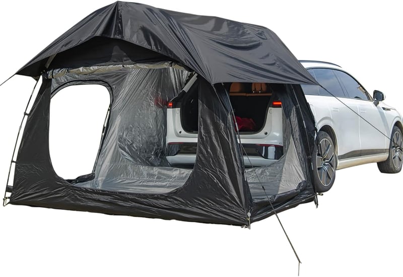 BMDHA Autós Sátor 300x150x210cm - Vízálló Oxford Anyagú Hátsó Ajtós Napvédő Sátor 2-3 Személynek - Fekete Kempingsátor Csomagtartóhoz