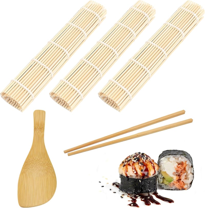 BNOYONERAS Bamboo Sushi Mat 3 db Sushi Tekerő Szőnyeg Rizslabdázó és Pálcikák Készlettel