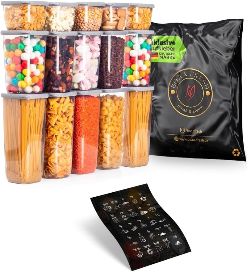 BOAA Fresh 15 darabos tárolóedény készlet szürke szilikon fedéllel és 25 címkével, BPA-mentes konyhai tároló szett 1750ml 1200ml 550ml