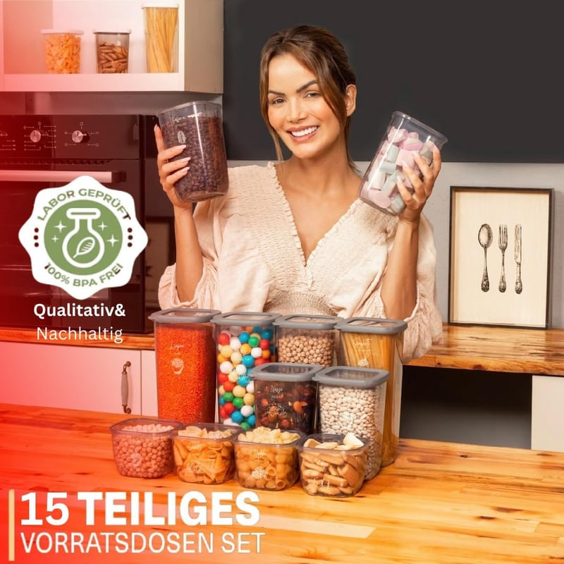 BOAA Fresh 15 darabos tárolóedény készlet szürke szilikon fedéllel és 25 címkével, BPA-mentes konyhai tároló szett 1750ml 1200ml 550ml