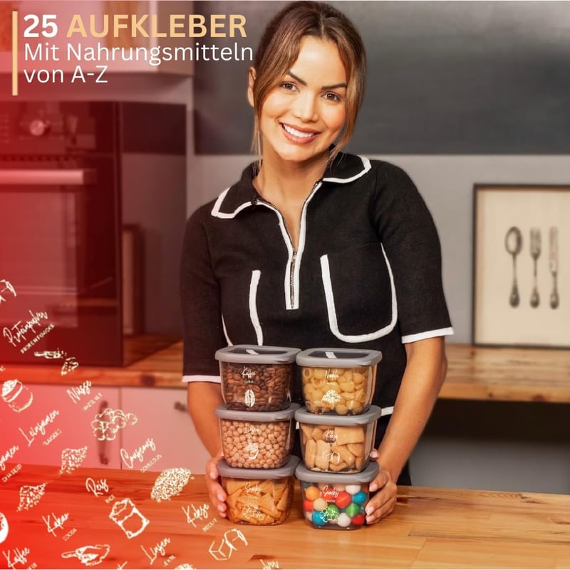 BOAA Fresh 15 darabos tárolóedény készlet szürke szilikon fedéllel és 25 címkével, BPA-mentes konyhai tároló szett 1750ml 1200ml 550ml