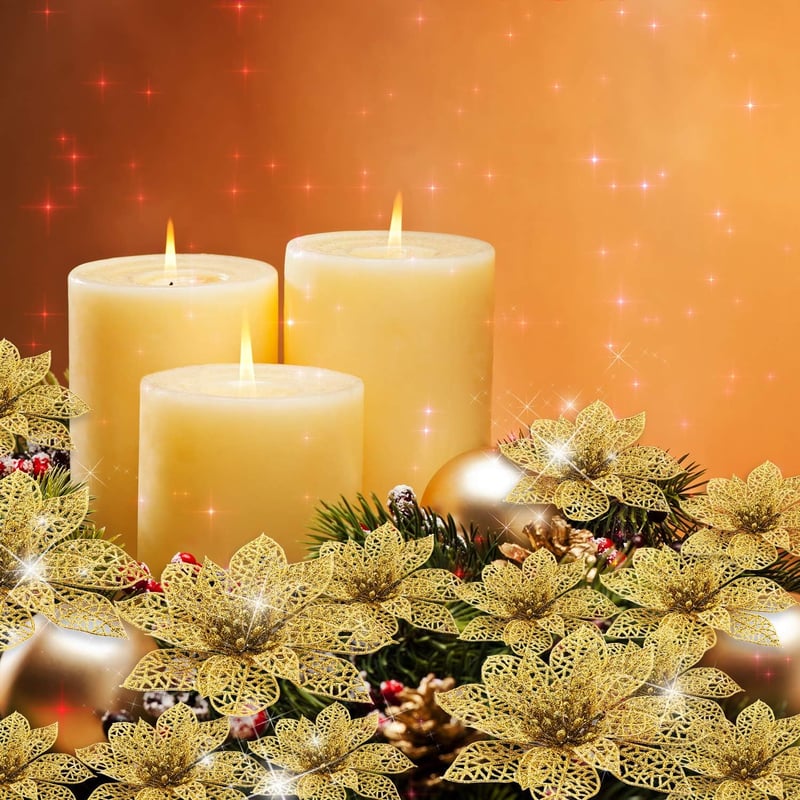 Boao 24 darabos csillogó karácsonyi virág díszek, poinsettia dekoráció