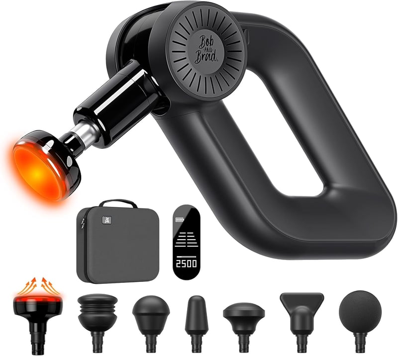 BOB AND BRAD D6 Pro Plus Masszázspisztoly Hőfunkcióval - 16mm Amplitúdó, 6 Sebességfokozat, 7 Masszázsfej, Izomregenerálódás Sportolóknak - Black With Heat