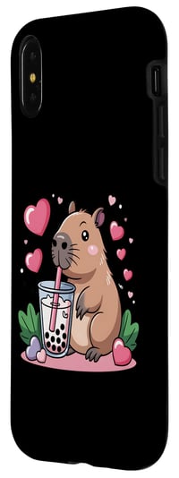Kryt na iPhone X/XS s motívom kapybary s bubble tea, kawaii zvieratko pre milovníkov nápojov – Roztomilý obal na telefón s kapybarou, bubble tea a ružovými srdiečkami 2