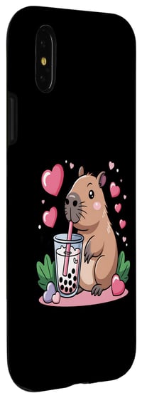 Kryt na iPhone X/XS s motívom kapybary s bubble tea, kawaii zvieratko pre milovníkov nápojov – Roztomilý obal na telefón s kapybarou, bubble tea a ružovými srdiečkami 3