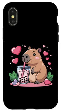 Kryt na iPhone X/XS s motívom kapybary s bubble tea, kawaii zvieratko pre milovníkov nápojov – Roztomilý obal na telefón s kapybarou, bubble tea a ružovými srdiečkami 1