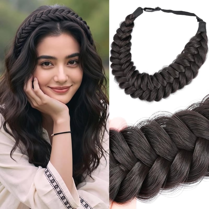 BOBIYA Messy Wide pletená čelenka do vlasov 2-pramenná zo syntetických vlasov klasický hrubý vrkoč pružná gumička pre ženy a dievčatá Boho Brunette hnedá